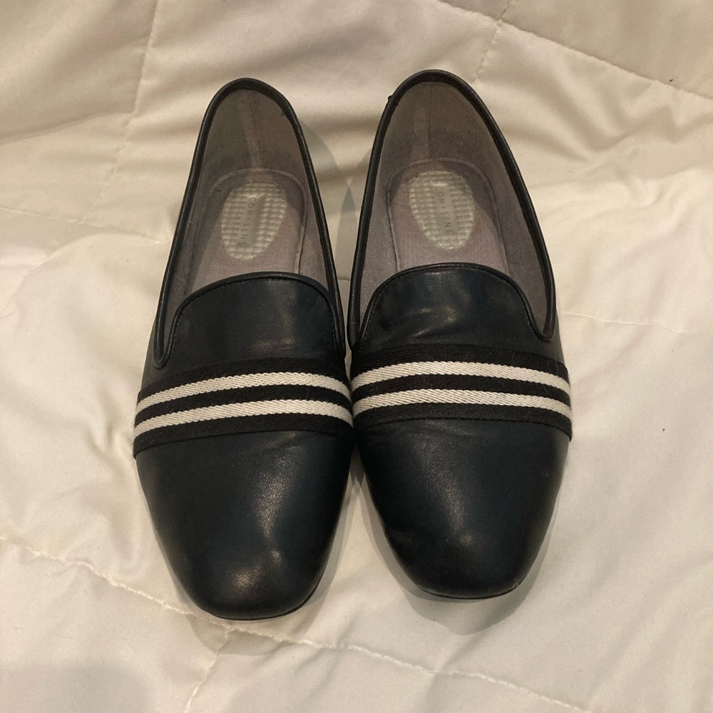 Women's Black Loafers with White Stripes
